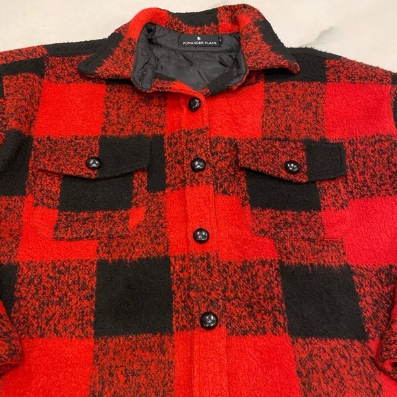 Pomander Place Tuckernuck Shirt Jacket Size Small Red Black Plaid Wool Blend - Picture 2 of 14